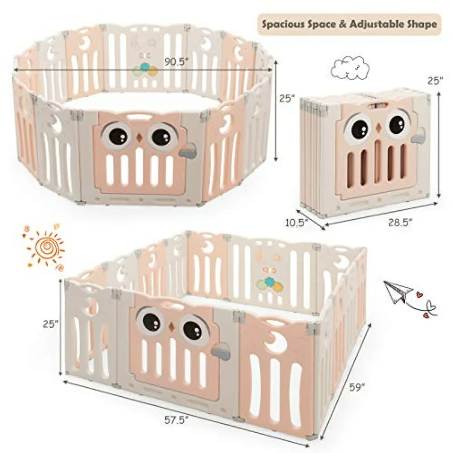 Baby Play Yard 14 Panel Owl Style Infant Playpen Activity Center for Toddlers Anti-Slip Base Lockable Door Indoor Portable Safe