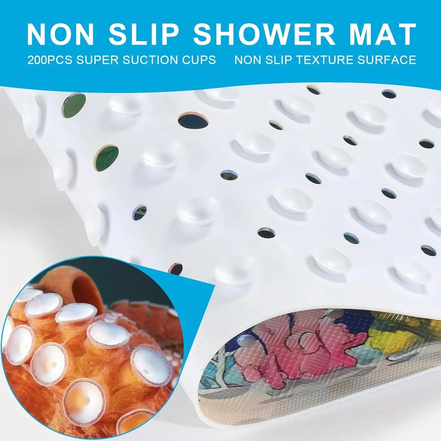 Non-Slip Cartoon Turtle Baby Bath Mat for Tub, 40x16 Inches with Suction Cups & Drain Holes, Easy Clean and Quick Dry