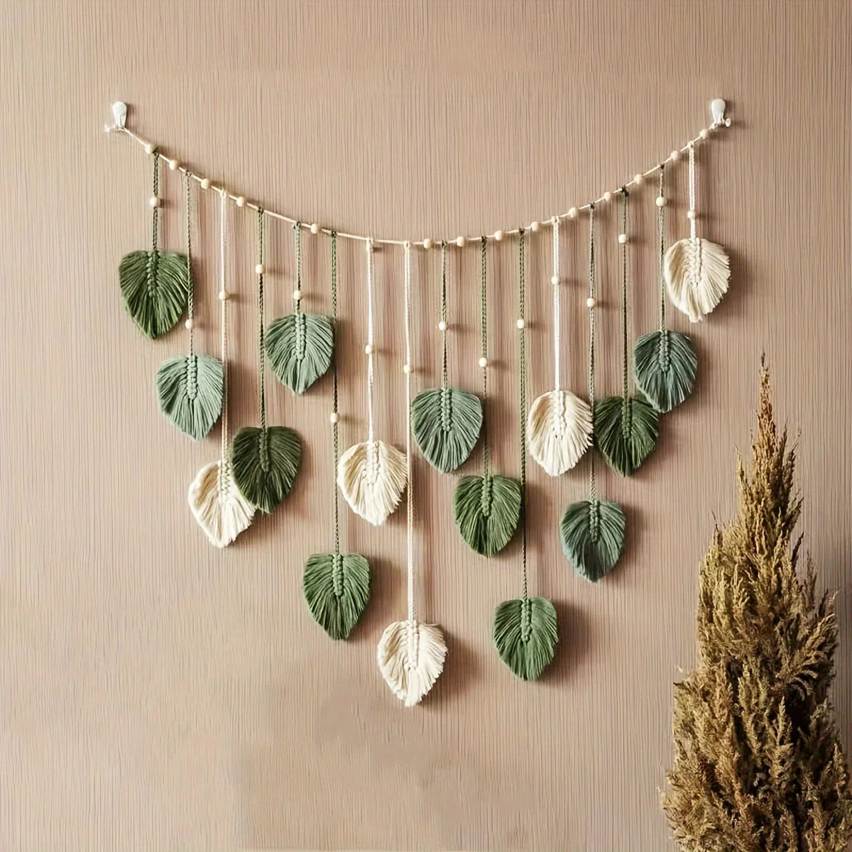 Modern Woven Wall Decor, Beautiful Room Decor, Green Leaves Hanging on The Walls, Bohemian Style, Feather