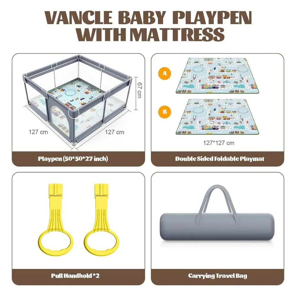 Gray 50x50 Baby & Toddler Playpen with Mat, Indoor/Outdoor Safety Play Yard, Activity Center