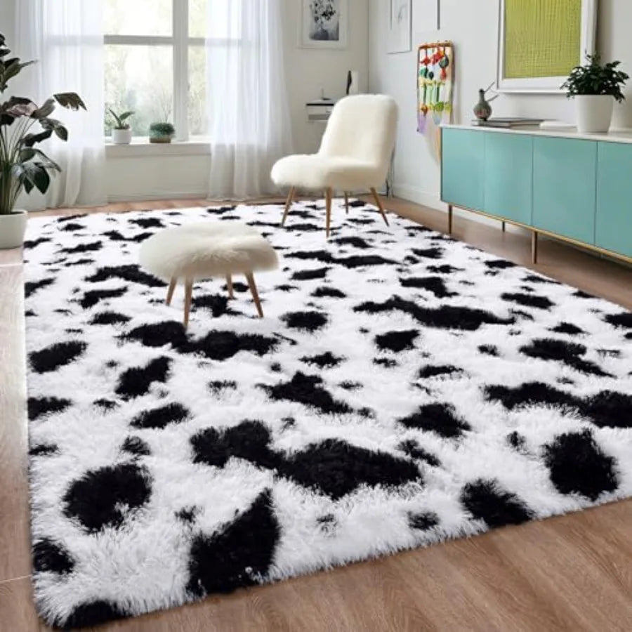 Fluffy Black White Rugs 6x9 Large Soft Plush Shaggy Cow Hide Girls Boys Rug Non-Slip and Machine Washable