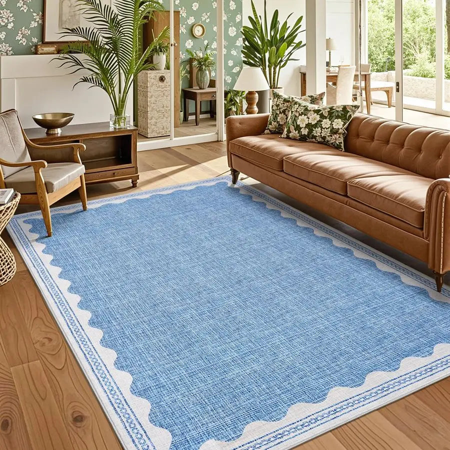 Scalloped 5 X 7 Area Rugs Washable NonSlip Solid Blue Modern Minimalism LowPile Carpet for Bedroom