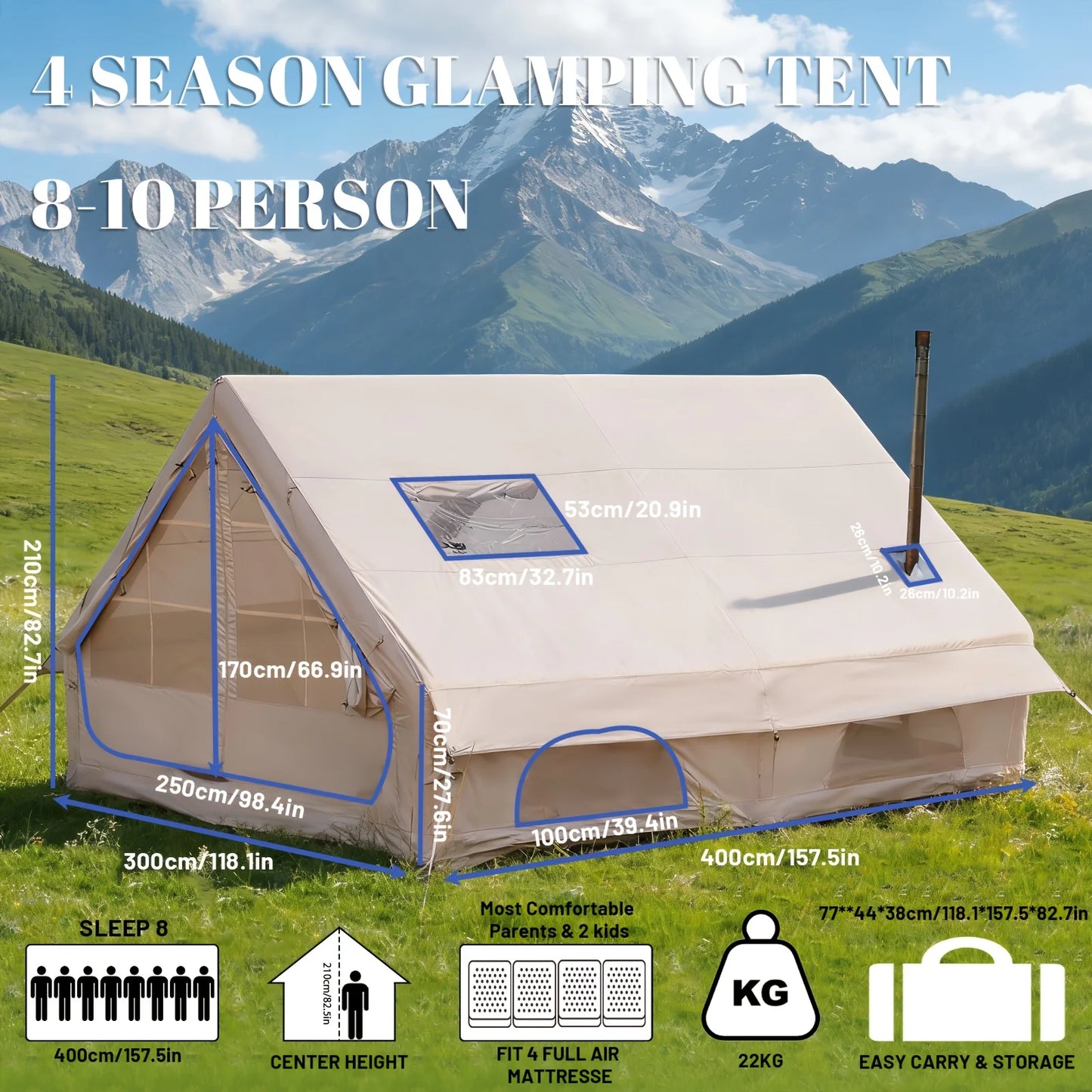PAKICETUS Large Inflatable Camping Tent with Skylight, Quick Air-Flow & Breathable Mesh Design, Summer Glamping Hot Tents