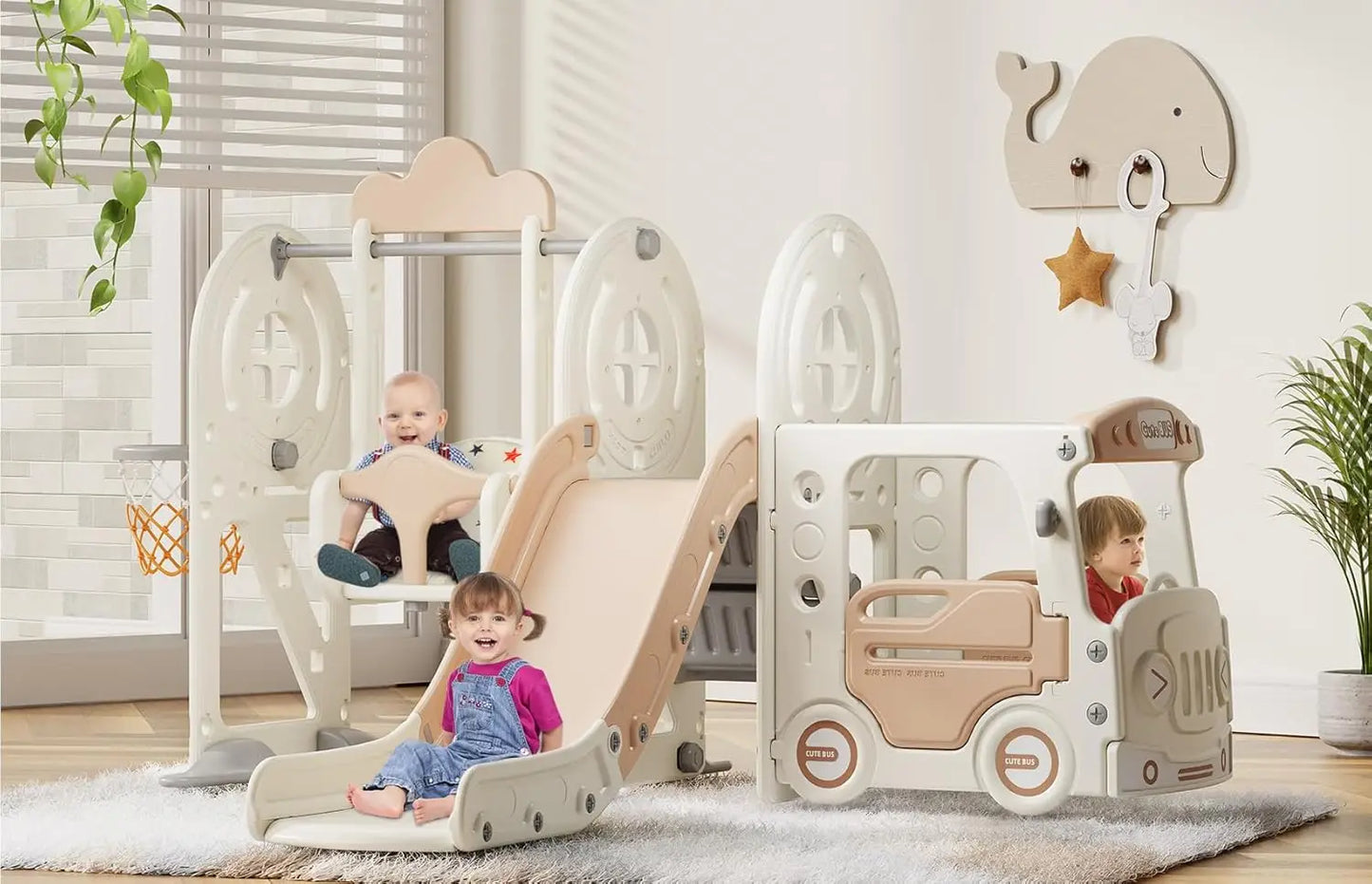 4 in 1 Toddler Slide, Bus Themed Baby Slide for Toddlers Age 1-3, with Basketball Hoop, Indoor Outdoor Playset Playground
