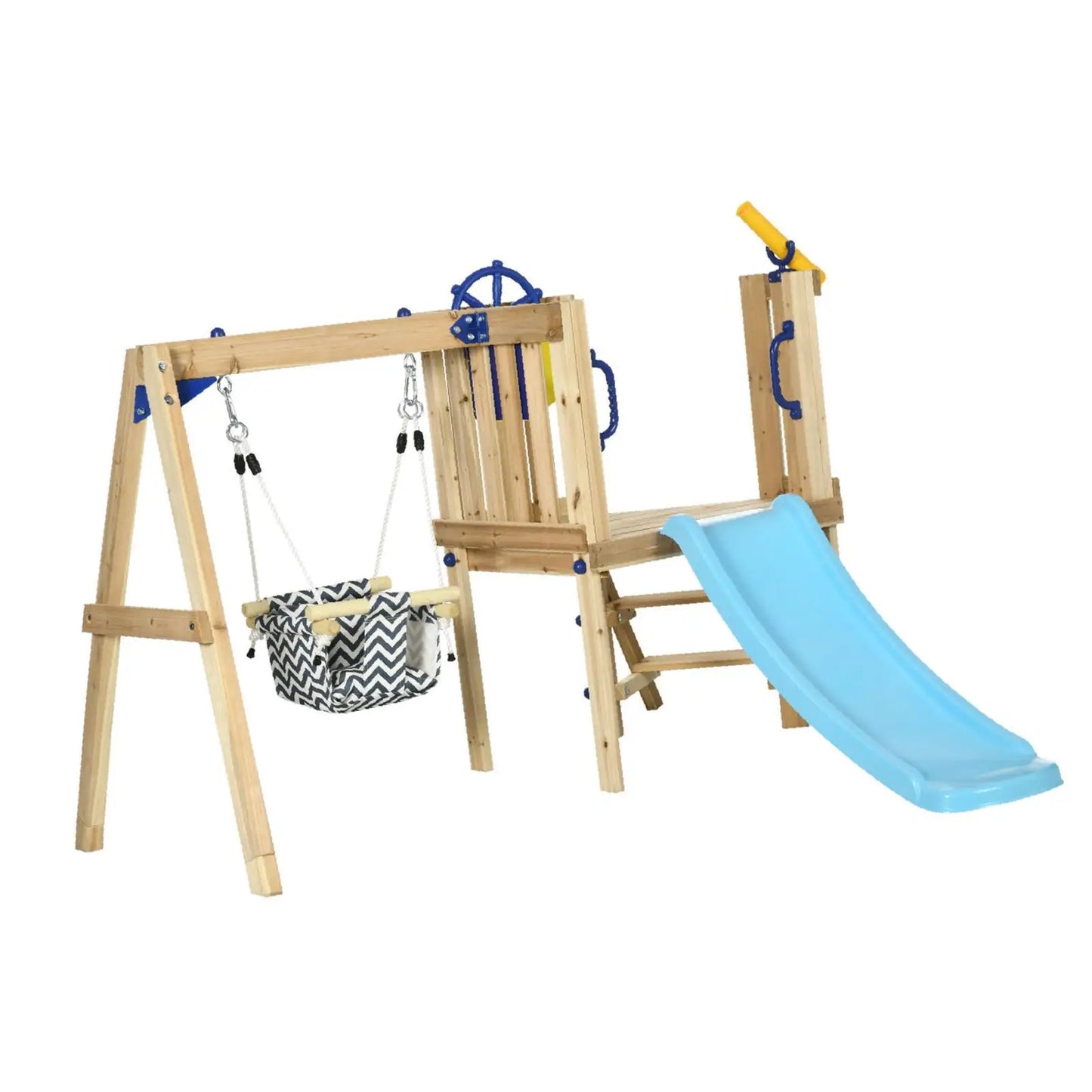 Backyard Wooden Swing and Slide Set with Baby Swing Toddler Slide and Telescope for Kids Playground Fun