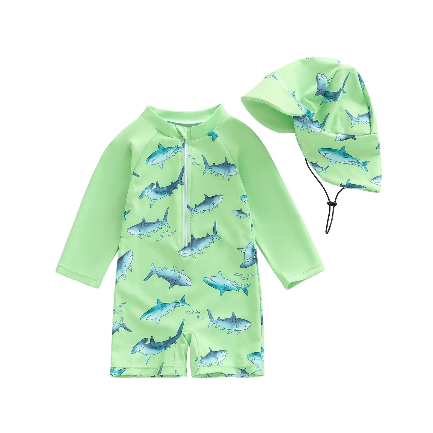 Baby Boys  Rash Guard Swimsuit with Shark Print and Zipper Closure Long Sleeve Bathing Suit with Matching Swim Cap
