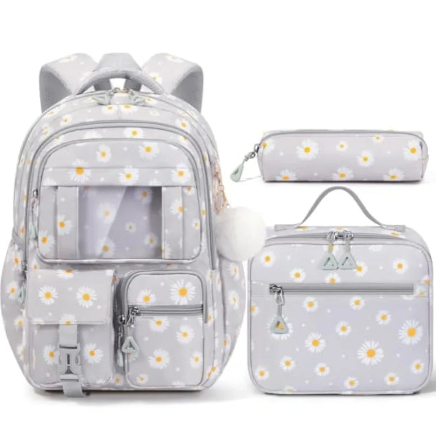 Backpack for School Girls 3Pcs Waterproof Girls Backpack with Lunch Box and Pencil Pouch - Lightweight Blue Bookbag for Ages 6+
