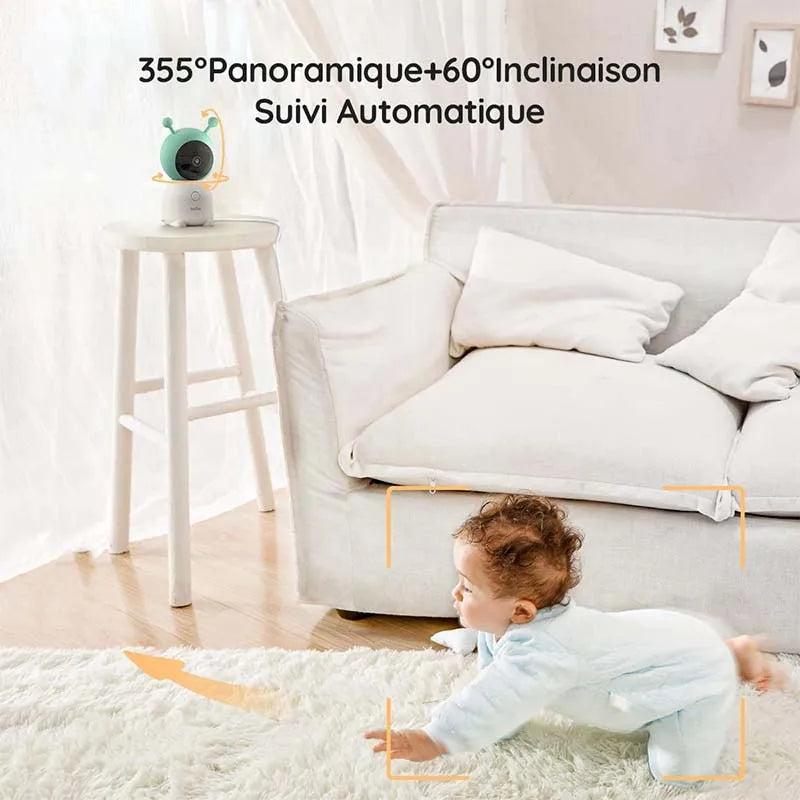 BOIFUN 2K 5" Baby Monitor Camera, 360° Rotation with Phone App, Colorful Night Lights, Motion Monitoring, Automatic Tracking