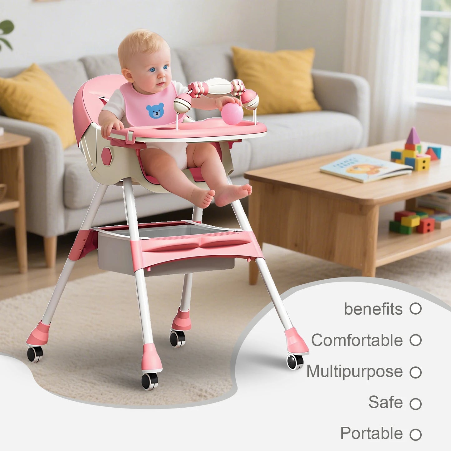 Baby Dining Chair Foldable Baby High Chair 6 Months Plus With Toyrack Easy To Clean Feeding With Brakeable Universal Wheel