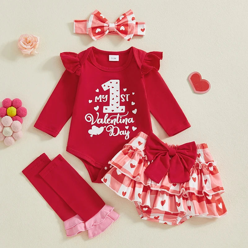 Baby Girl 1st Valentine Outfit Letter Print Long Sleeve Romper with Heart Print Skirt Pants and Bow Tie Headband Socks Set