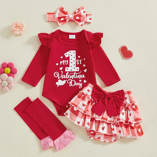 Baby Girl 1st Valentine Outfit Letter Print Long Sleeve Romper with Heart Print Skirt Pants and Bow Tie Headband Socks Set