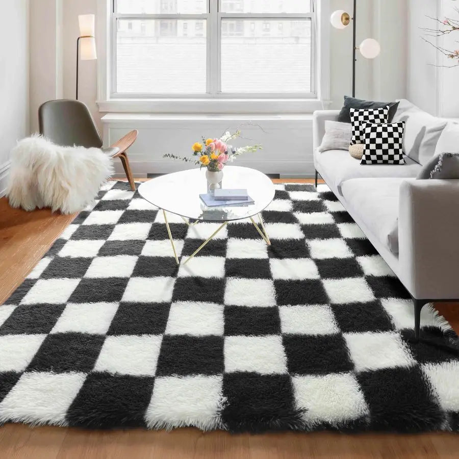 Area Rug Black and White Fluffy Shag Soft Checkered