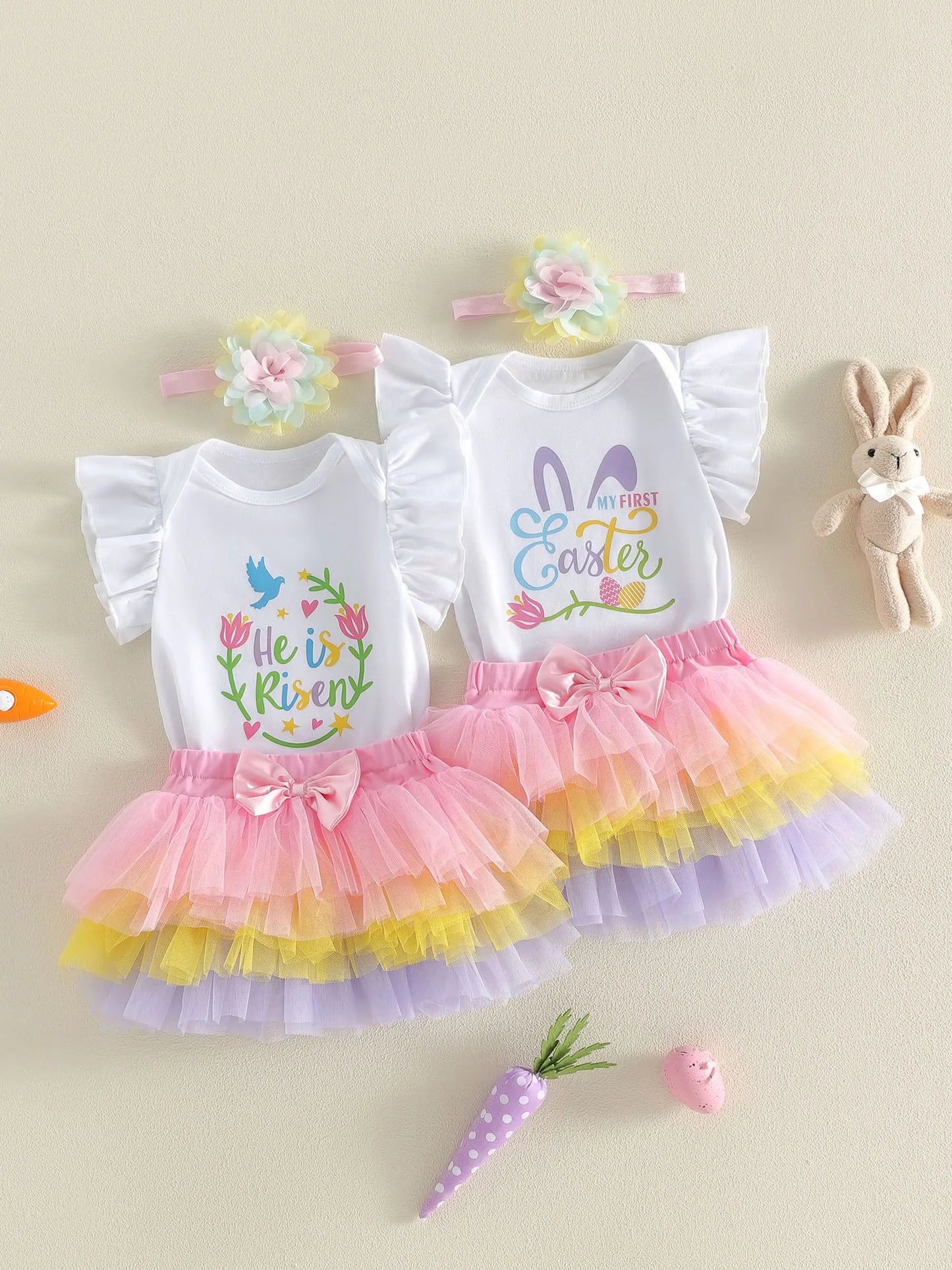Cute Baby Girls Easter Bunny Romper Dress with Matching Headband and Bow Set for Spring Celebration