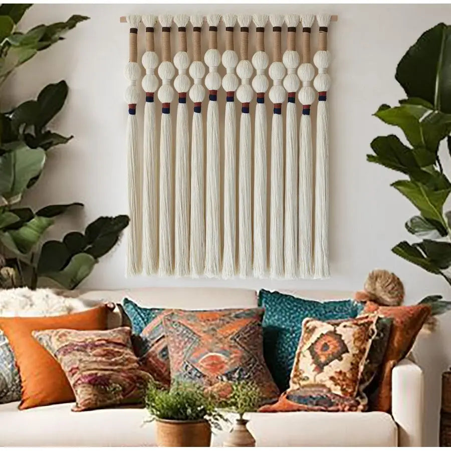 Macrame Wall Hanging Boho Wall Art Handmade Spherical Knot Design with Tassel Fringe, Boho Decor