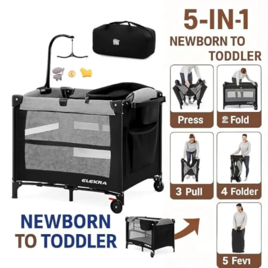 5 in 1 Baby Bassinet Portable Crib Bedside Sleeper with Diaper Changer Playard Travel Pack and Play Newborn to Toddler
