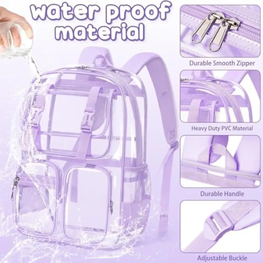 Clear Backpack for Girls - 3 PCS Heavy Duty Boys Clear Bags Schoolbag Large Transparent PVC Bookbag with Lunch Box Pencil Case