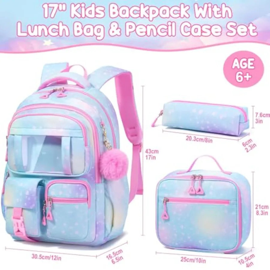 Backpack for School Girls 3Pcs Waterproof Girls Backpack with Lunch Box and Pencil Pouch - Lightweight Blue Bookbag for Ages 6+