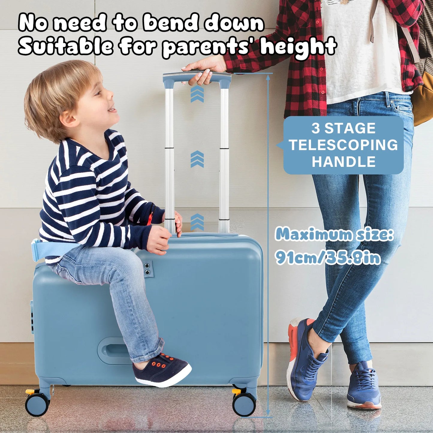 Kids Ride-On Suitcase Children's Travel Suitcase 20 Inch Travel Carrier Cabin Case with Foot Pedal, Wheels, Safe Harness Stroller