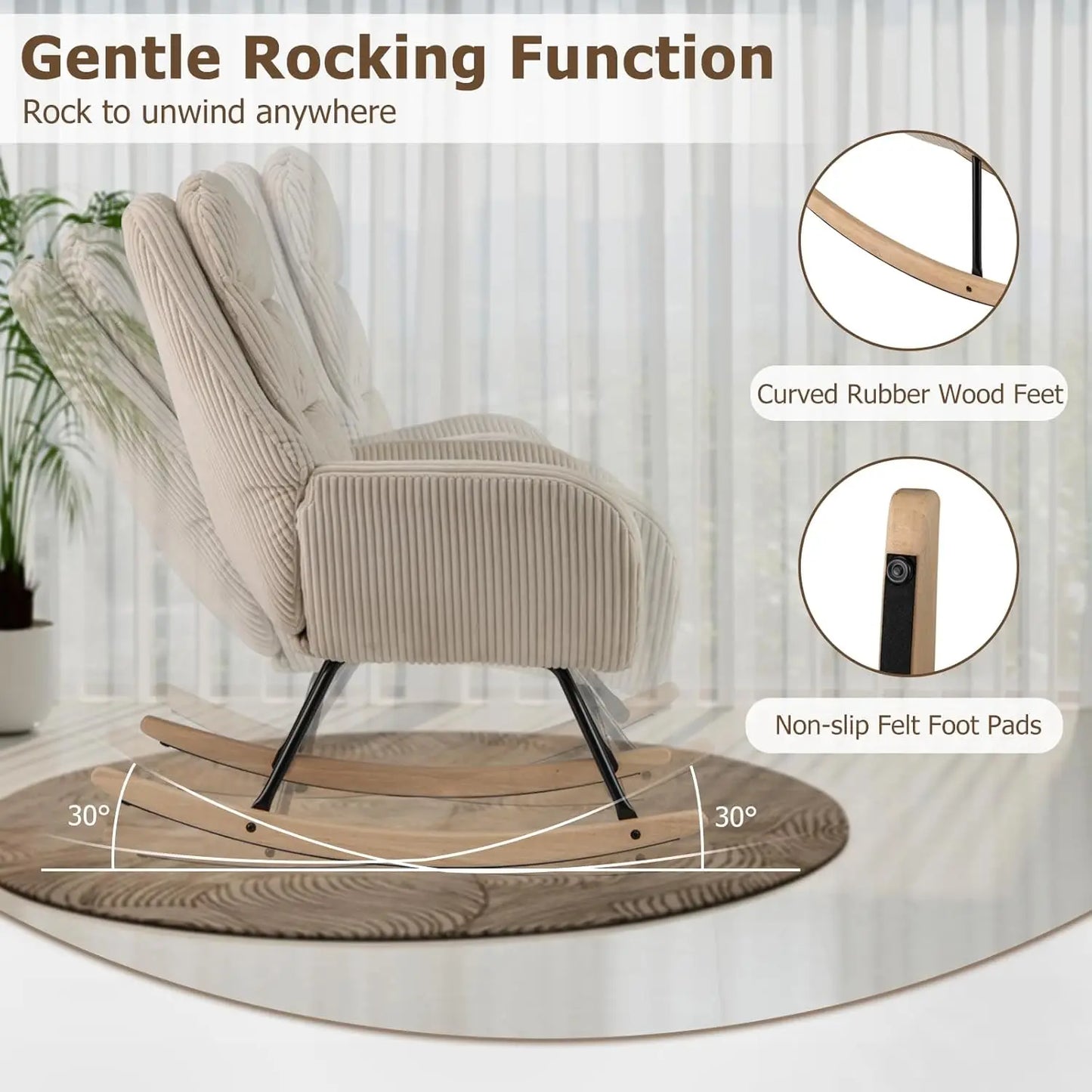 Rocking Chair Nursery, Upholstered Glider Rocker with Padded Backrest & Seat, Rubber Wood Feet
