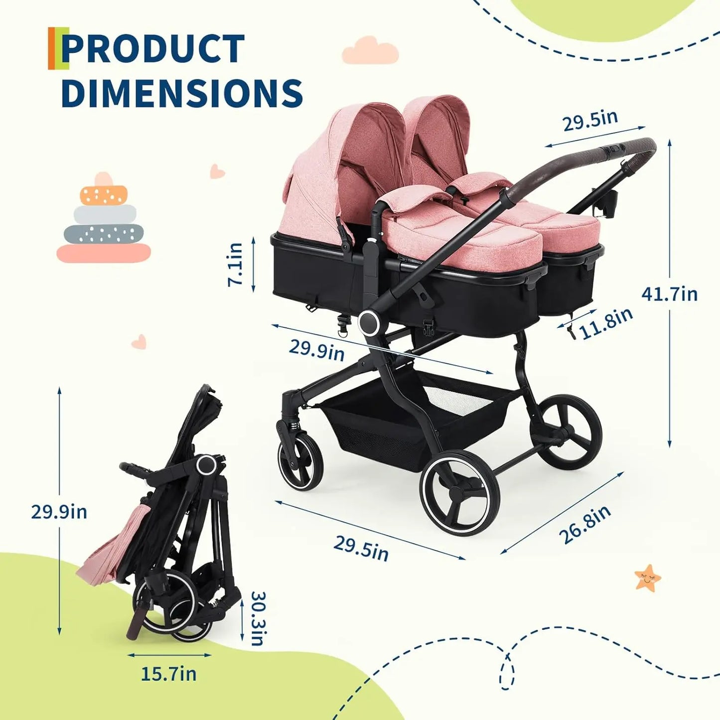 Side by Side Double Stroller for Twins,Lightweight Compact Foldable Baby Travel Stroller with High Landscape Seat