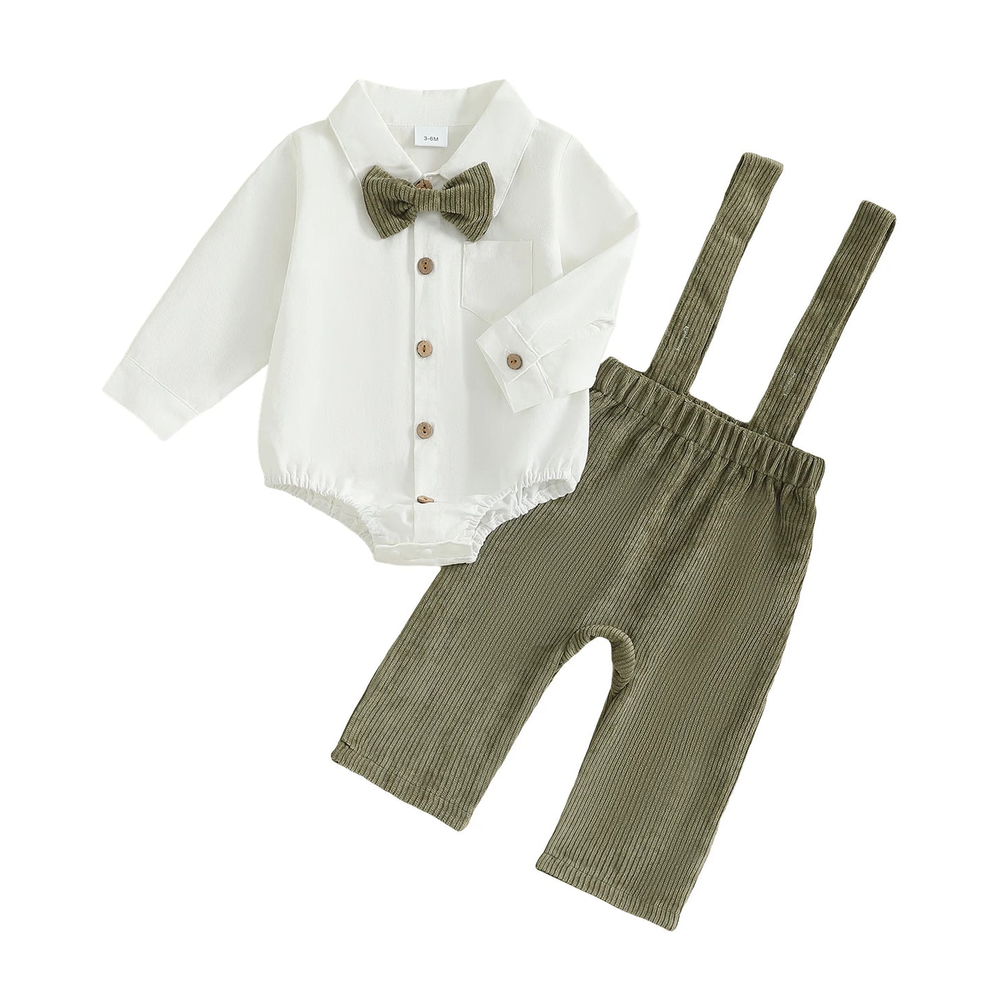 Baby Boy Formal Wear Set Solid Color Button up Shirt Romper with Bow Tie and Suspender Pants for Gentleman Style