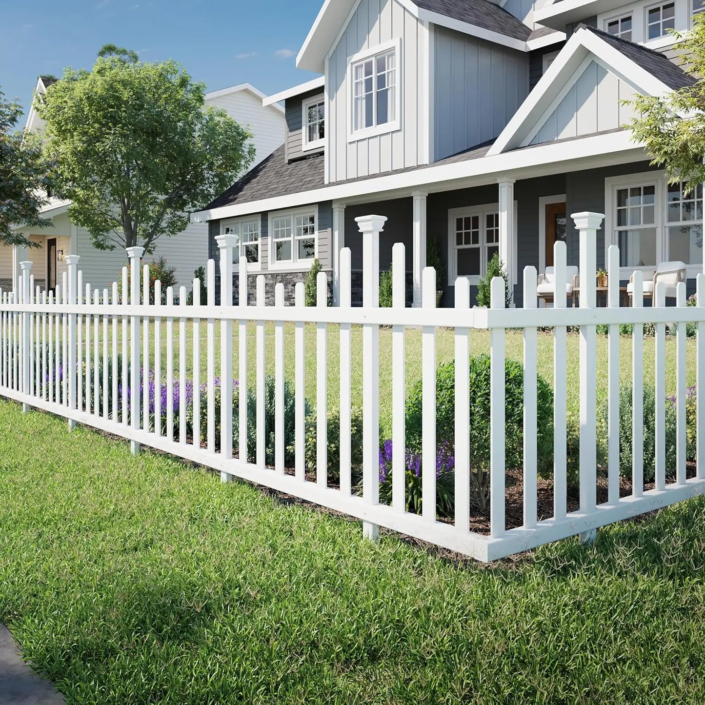 Easy Install No Dig Fence Kit - 2 Panels White Vinyl Garden Border for Yard, Dog Playpen & Child Safety