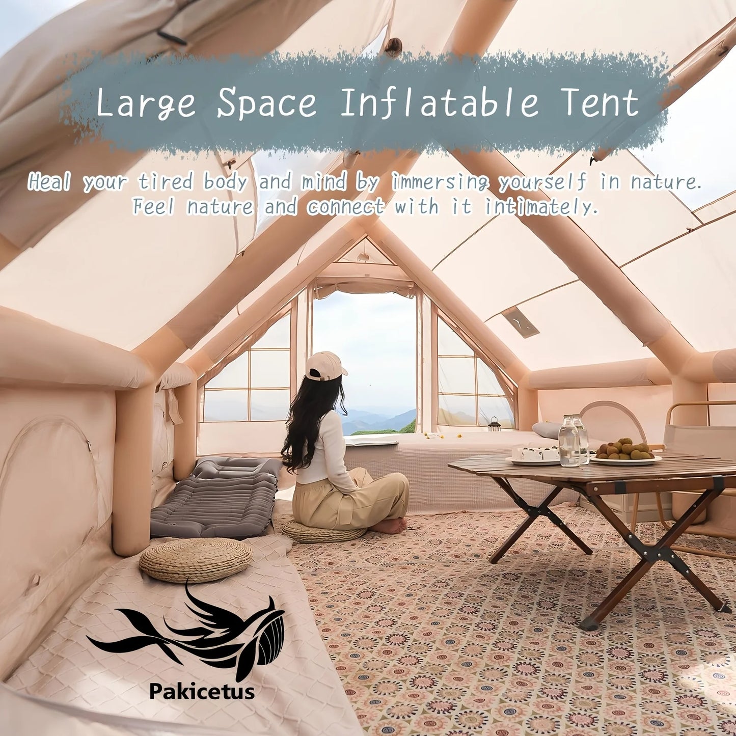 PAKICETUS Large Inflatable Camping Tent with Skylight, Quick Air-Flow & Breathable Mesh Design, Summer Glamping Hot Tents