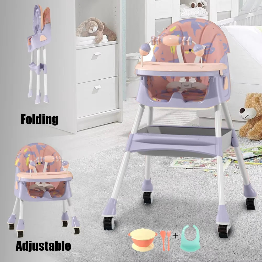 Foldable Baby High Chair Baby Dining Chair with Large Antislip Pad Toy Rack Easy to Clean Feeding Padding Case Accessories