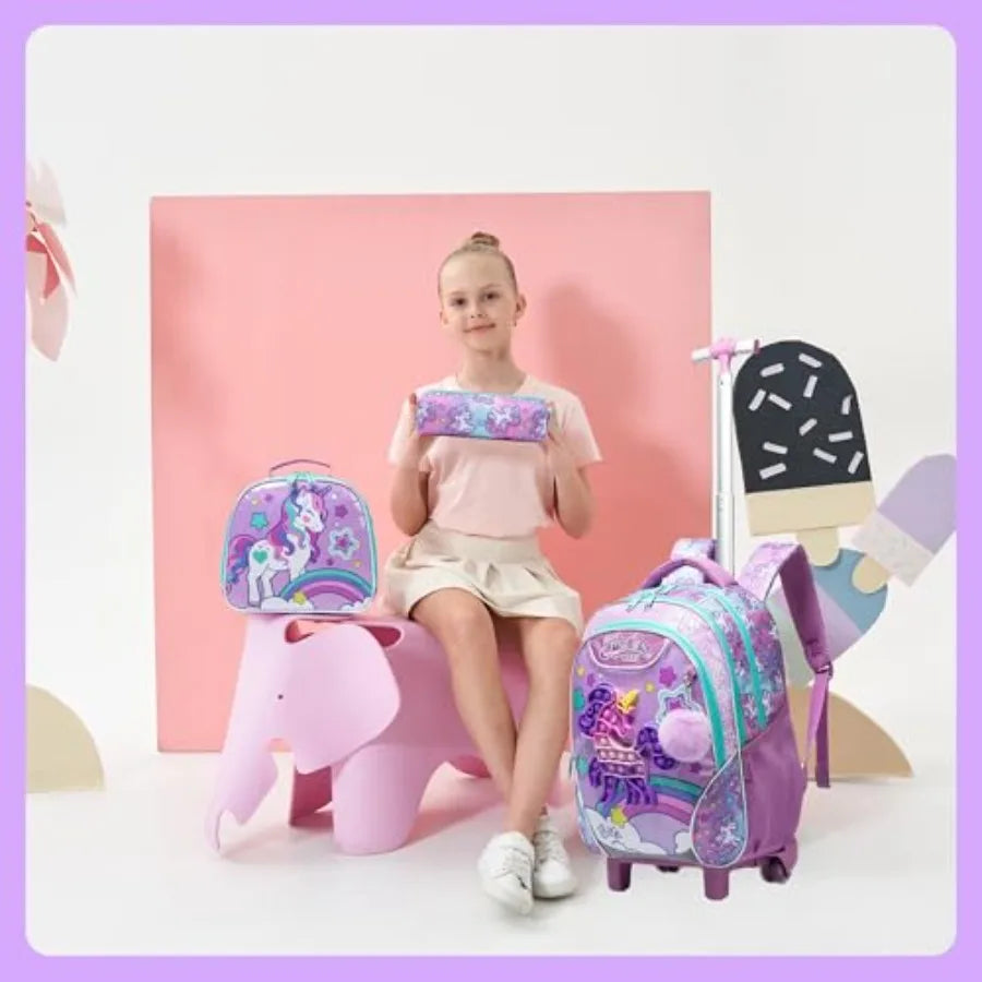 Unicorn Rolling Backpack with Wheels for Elementary Student Wheels Trolley Trip Luggage with Lunch Bag Pencil Case
