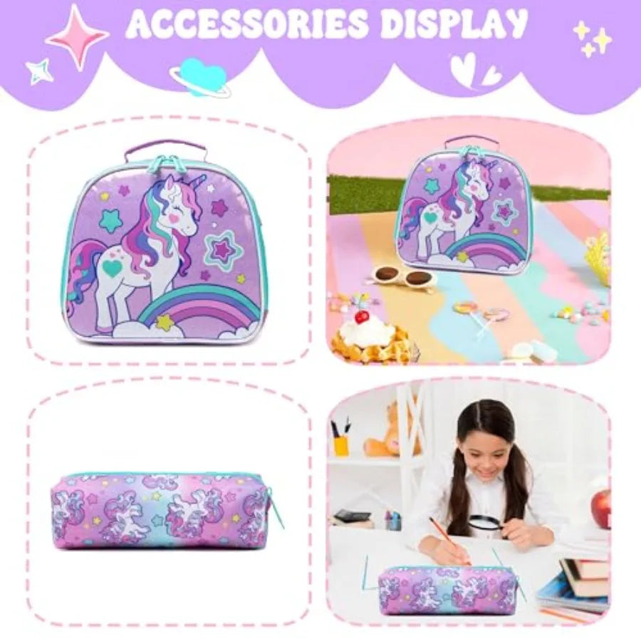 Unicorn Rolling Backpack with Wheels for Elementary Student Wheels Trolley Trip Luggage with Lunch Bag Pencil Case
