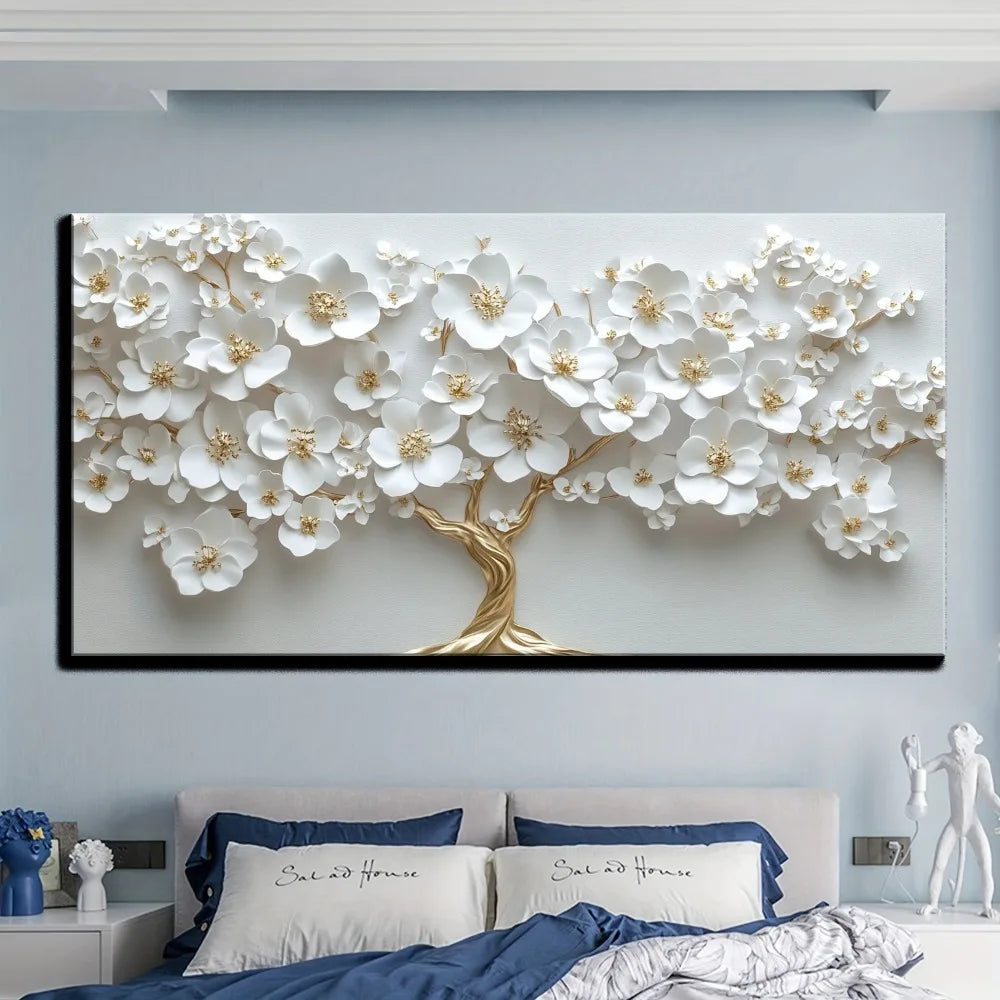 1 Nordic white flower oil painting on canvas, Modern art Decor