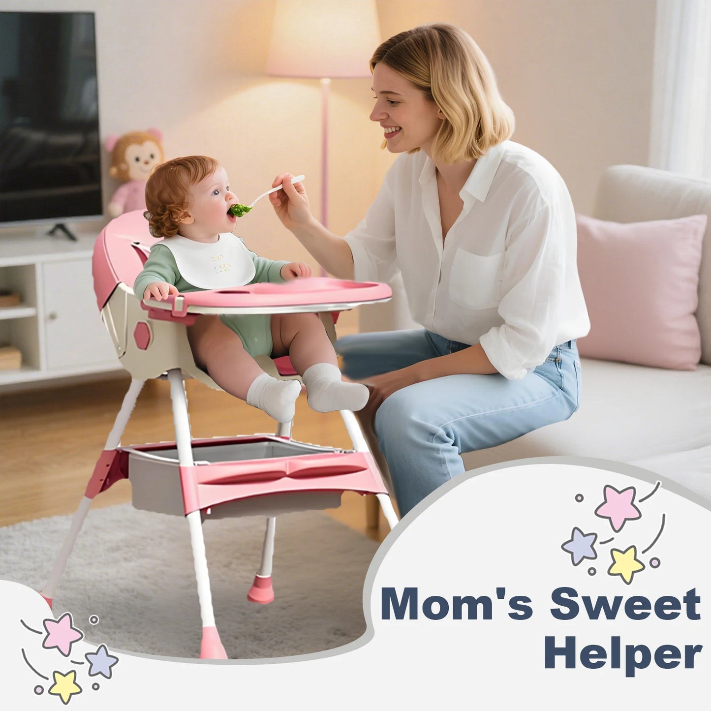 Foldable Baby High Chair Baby Dining Chair with Large Antislip Pad Toy Rack Easy to Clean Feeding Padding Case Accessories