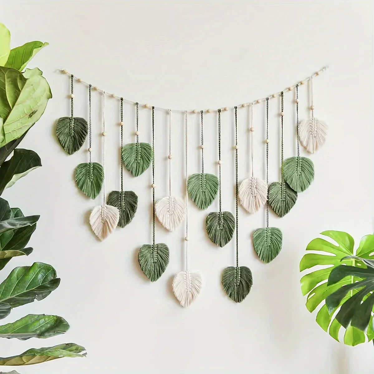 Modern Woven Wall Decor, Beautiful Room Decor, Green Leaves Hanging on The Walls, Bohemian Style, Feather