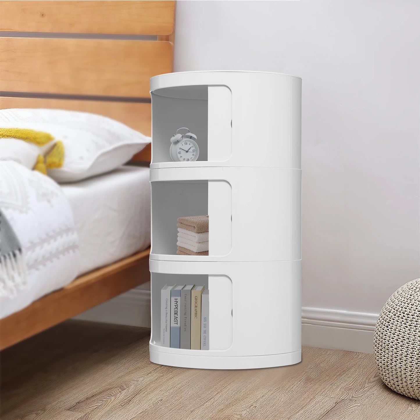 3 Layers Round Bedside Cabinet with 3 Drawers Cabinet with Storage