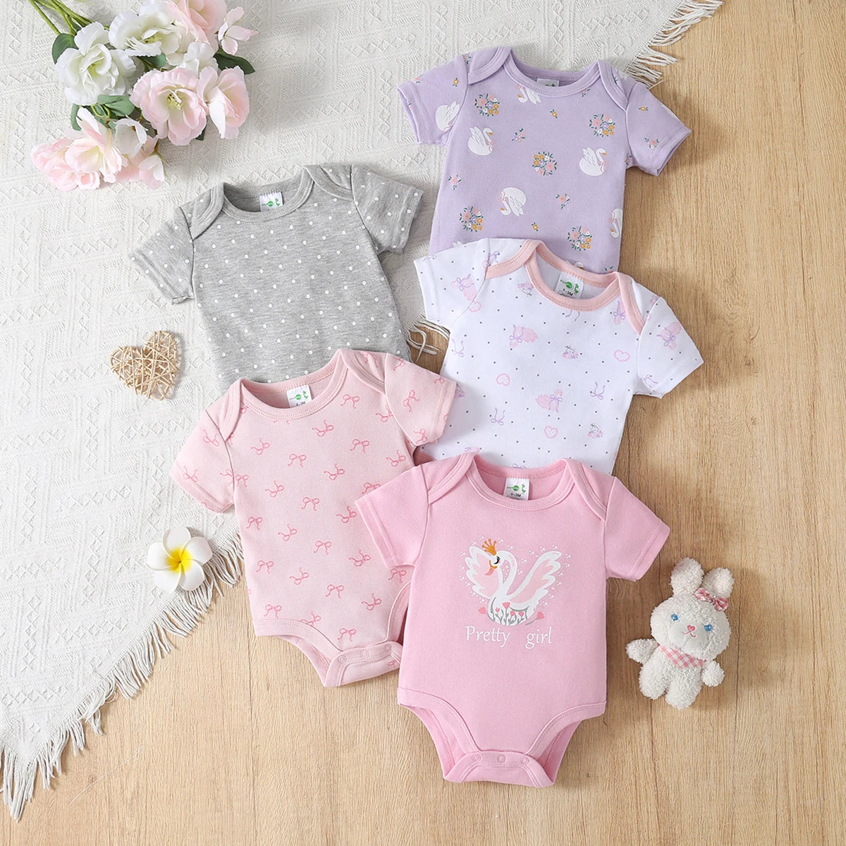 5pcs Baby Girl Romper Set - Cute Animal Print Short Sleeve Outfits with Ribbed Cuffs, Soft Breathable Fabric, All-Season Comfort, Elegant Round Neck Design for Outdoor Play & Casual Attire, Baby Girl Clothes, Playful Babywear