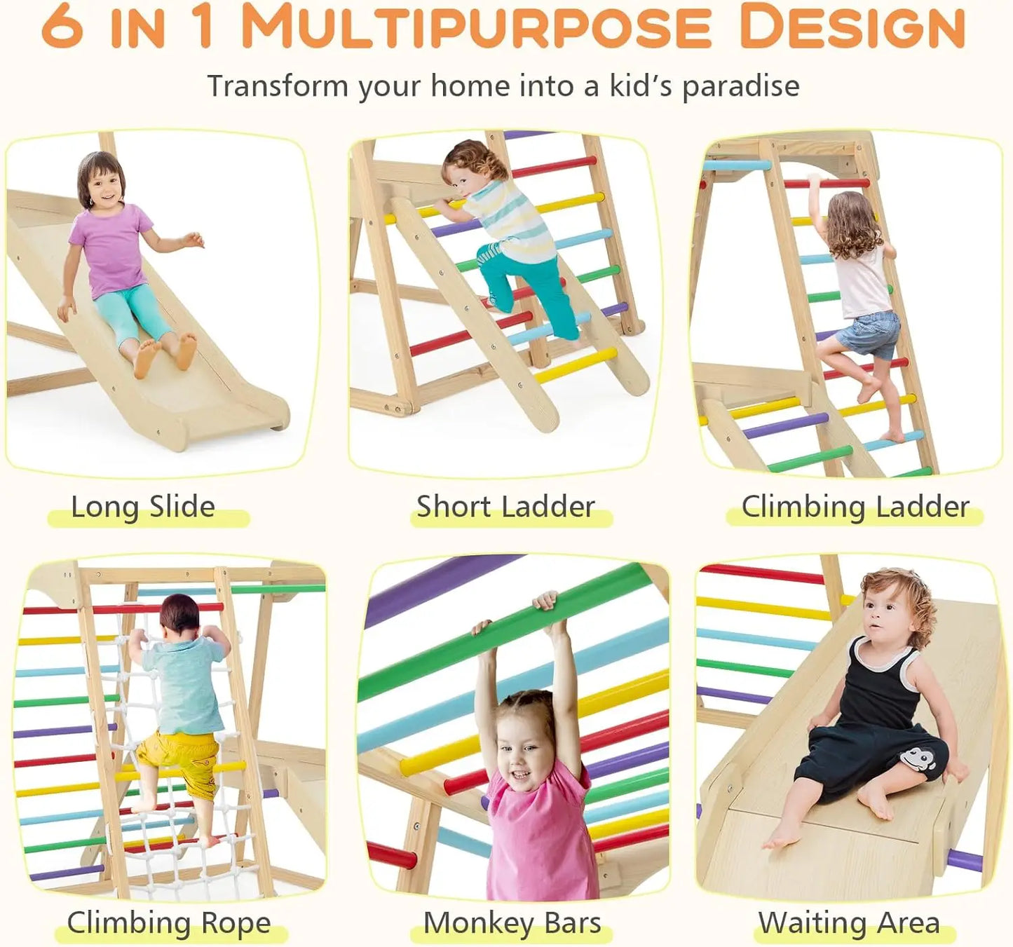 Kids Indoor Jungle Gym, Large 6-in-1 Playground Climber with Slide Ramp, Monkey Bars, Climbing Net, Ladder, Wooden Montessori