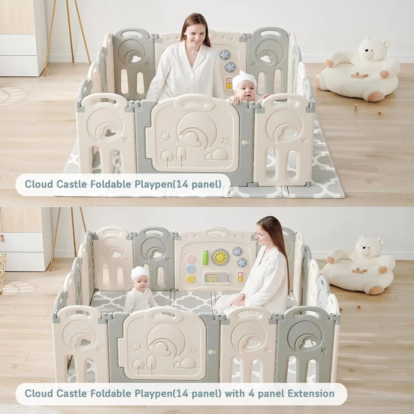 Foldable Baby Playpen with Whiteboard & Activity Wall, Indoor Outdoor Safety Play Yard, Gray 4-Panel Extension