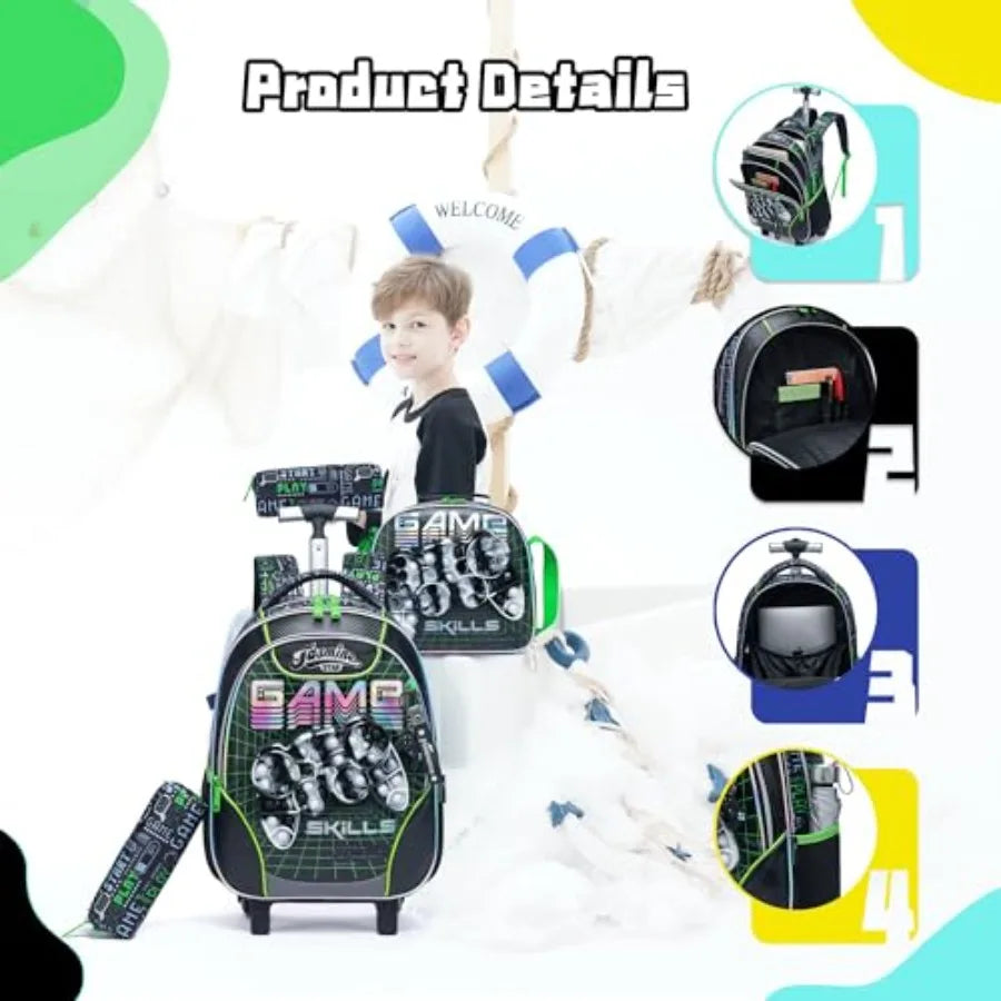Rolling Backpack with Wheels for Boys Rolling Backpacks with Lunch Box for Elementary School Students 3 in 1 Travel Luggage
