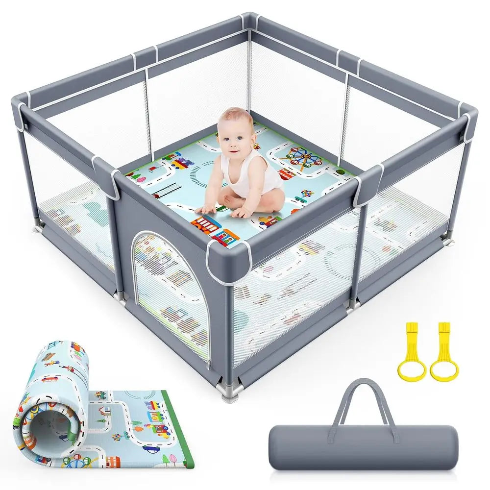 Gray 50x50 Baby & Toddler Playpen with Mat, Indoor/Outdoor Safety Play Yard, Activity Center