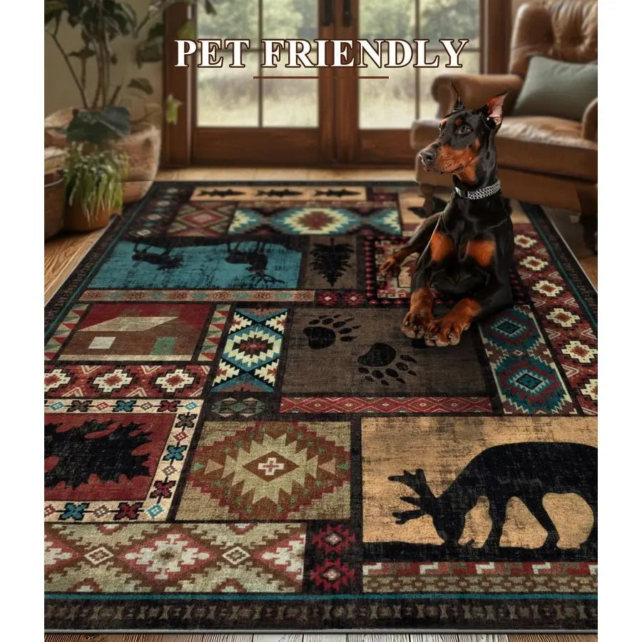 Rustic Cabin Area Rug 5x7,Machine Washable Lodge Bear Rug