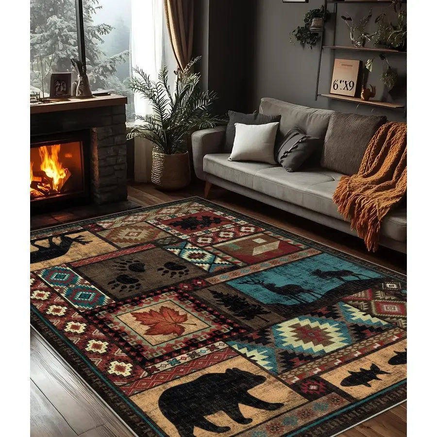 Rustic Cabin Area Rug 5x7,Machine Washable Lodge Bear Rug