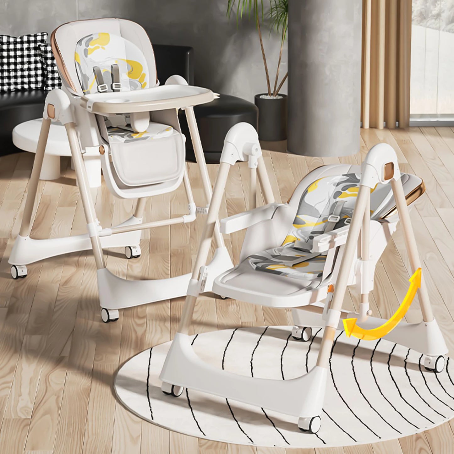 6-in-1 Baby High Chair Baby Swing Combo Convertible Highchair for Infants Toddlers With 6 Heights 4 Recline Foldable With Wheels