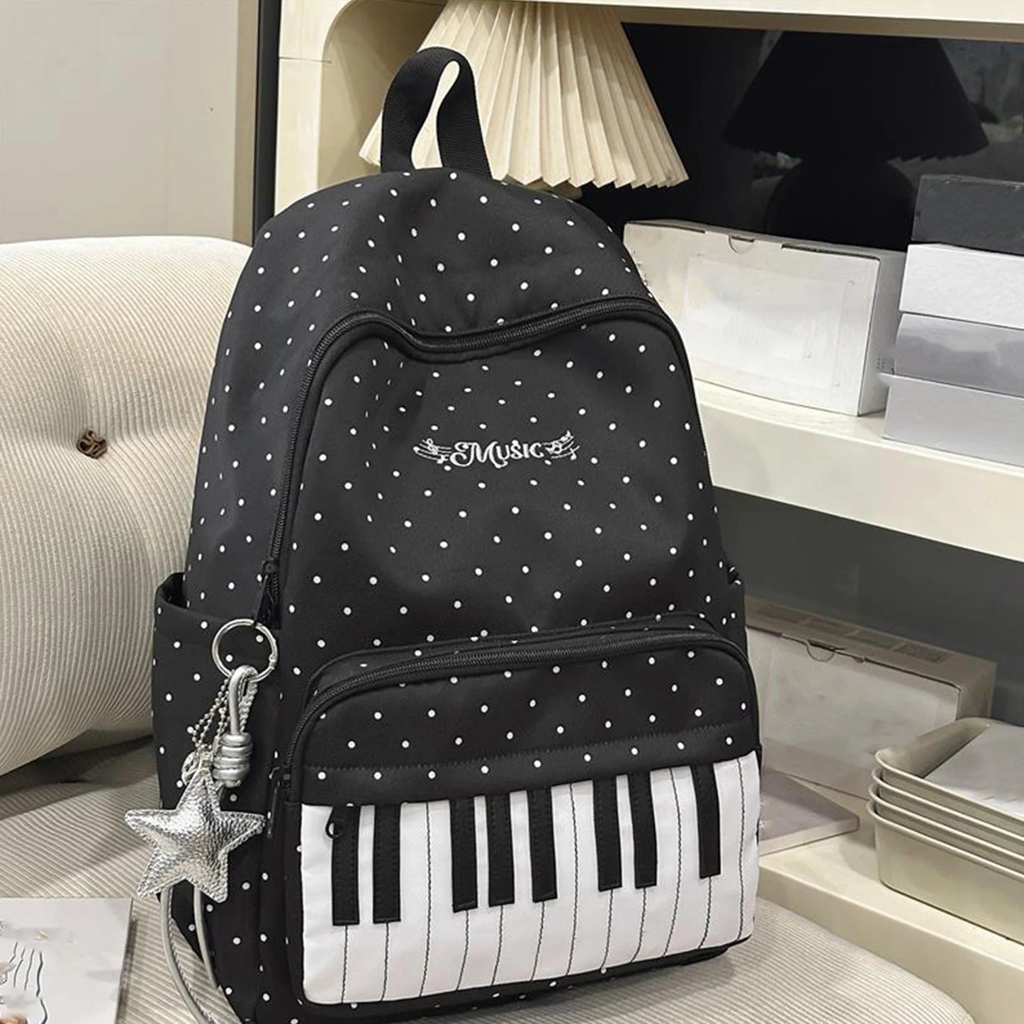 Nylon Polka Dot Piano Key Backpack 16.9 Inch with Pendant Travel Daypacks for Teen Girls Travel Shopping Daily Use