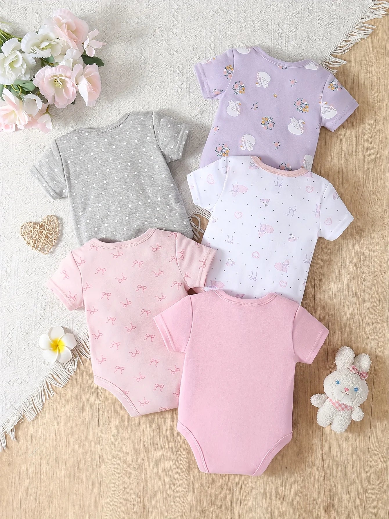 5pcs Baby Girl Romper Set - Cute Animal Print Short Sleeve Outfits with Ribbed Cuffs, Soft Breathable Fabric, All-Season Comfort, Elegant Round Neck Design for Outdoor Play & Casual Attire, Baby Girl Clothes, Playful Babywear
