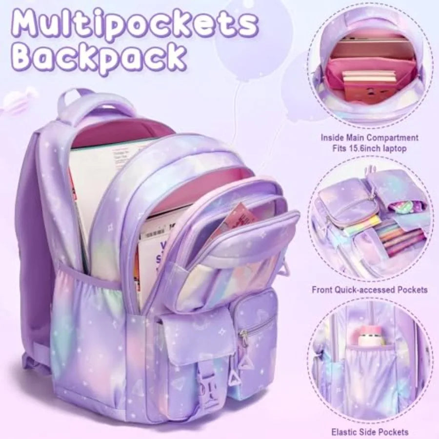 Backpack for School Girls 3Pcs Waterproof Girls Backpack with Lunch Box and Pencil Pouch - Lightweight Blue Bookbag for Ages 6+