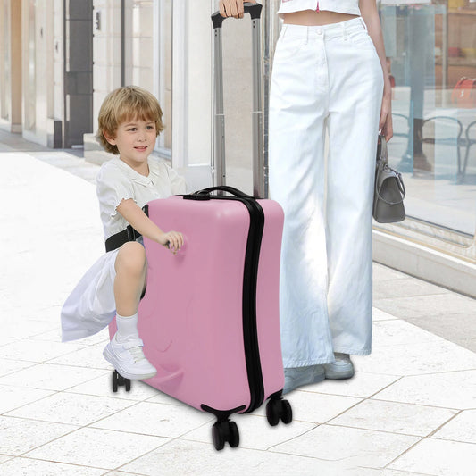 20" Kids Ride-On Suitcase Portable Kids Trolley Suitcase, Children's Trolley Case w/ Seat Pink Travel Luggage w/ 4 Wheels Lock