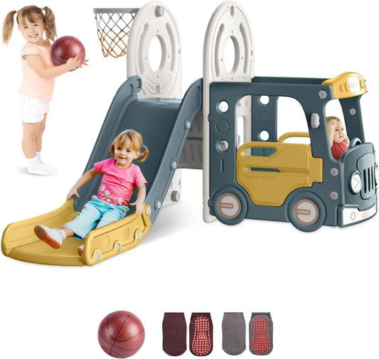 4 in 1 Toddler Slide, Bus Themed Baby Slide for Toddlers Age 1-3, with Basketball Hoop, Indoor Outdoor Playset Playground