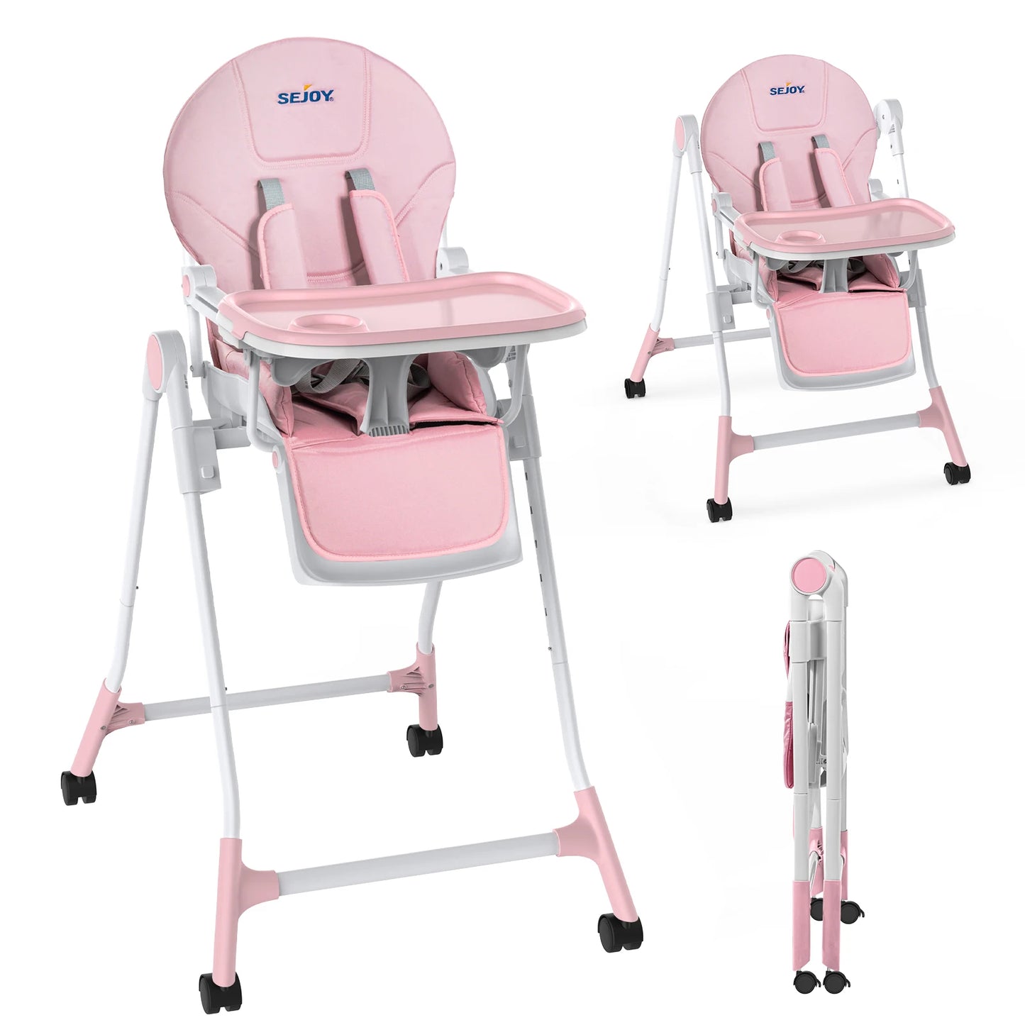 Sejoy Adjustable Baby High Chair with 5-Point Harness 3-Position Tray & Wheels CE/CPC Certified Children's Dining Chair