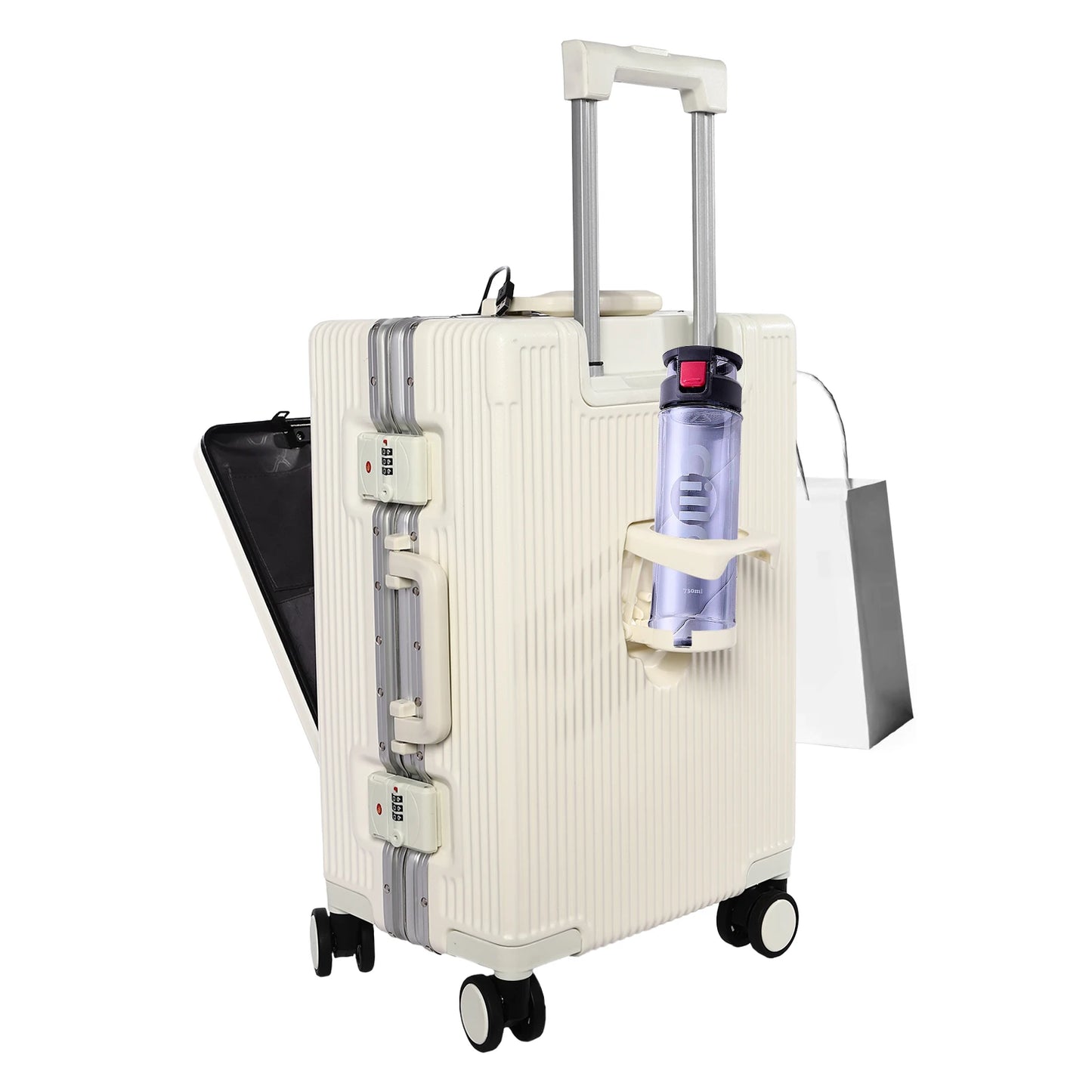 Bymaocar 20 Inch Carry On Luggage USB Charging Port Cup Holder Front Opening PC Hard Shell Suitcase for Airplane Travel