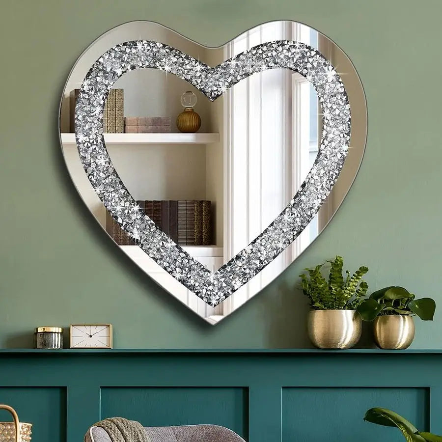Crystal Crush Diamond Heart Shaped Silver Mirror for Wall Decoration